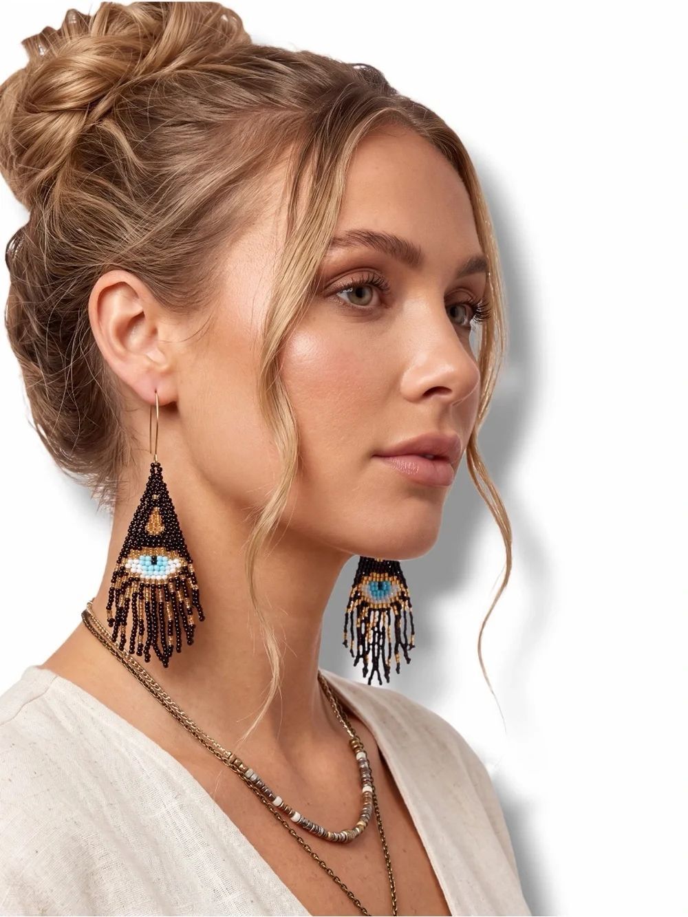 Evil Eye Black Gold Beaded Fringe Earrings Handmade NWT